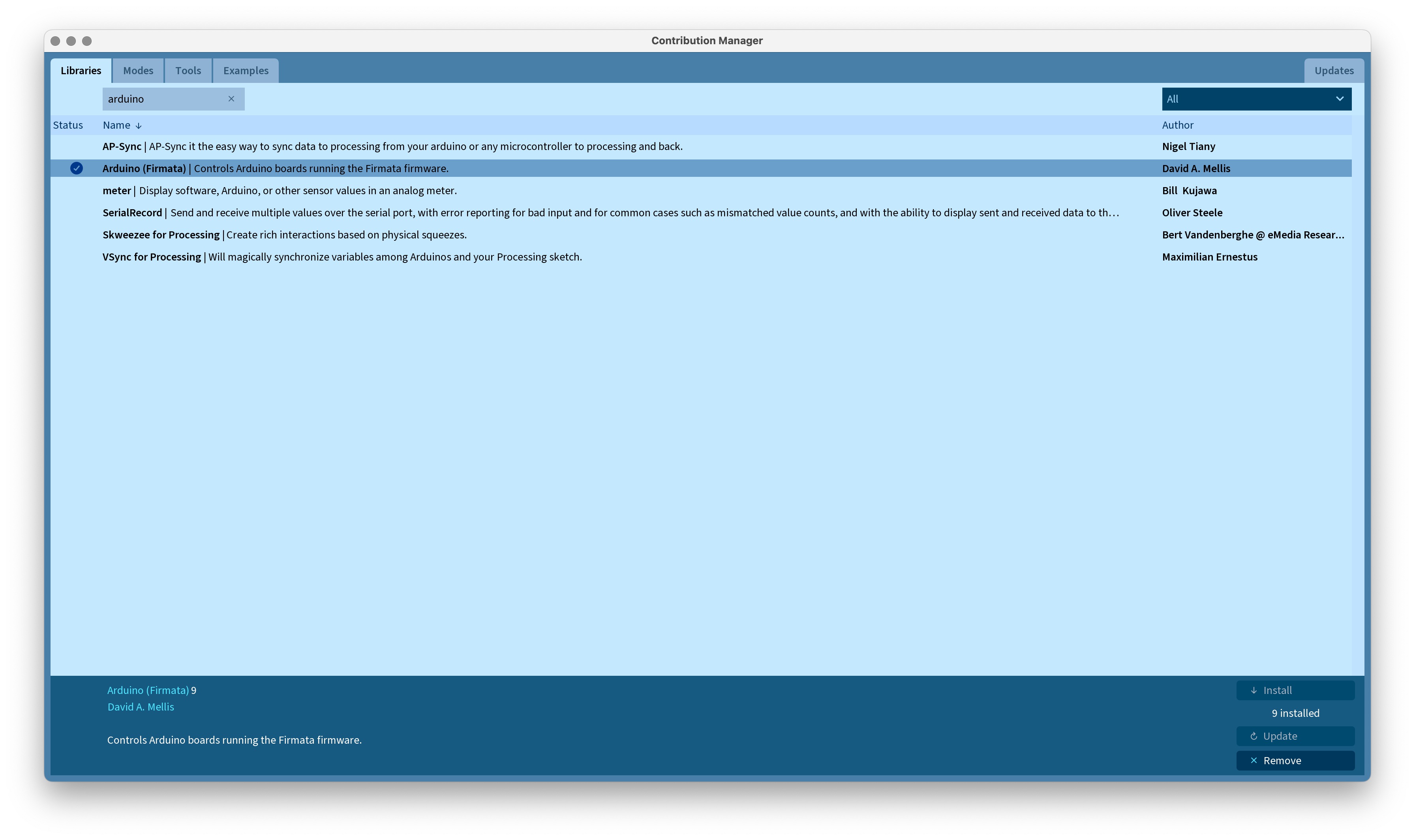 Donwloading Arduino library into Processing